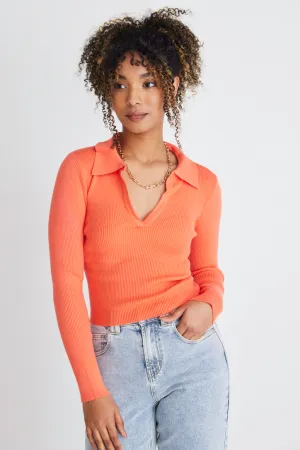 Unreal Coral LS Collared Rib Knit Top