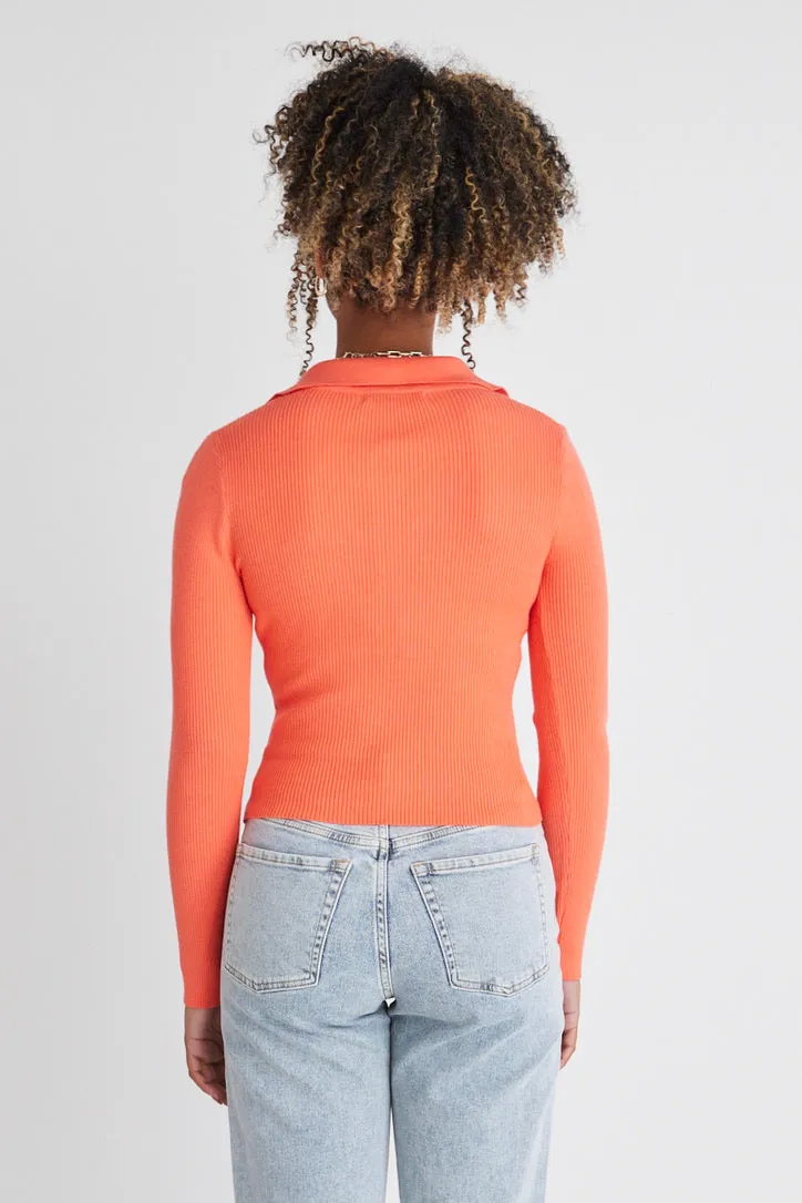 Unreal Coral LS Collared Rib Knit Top