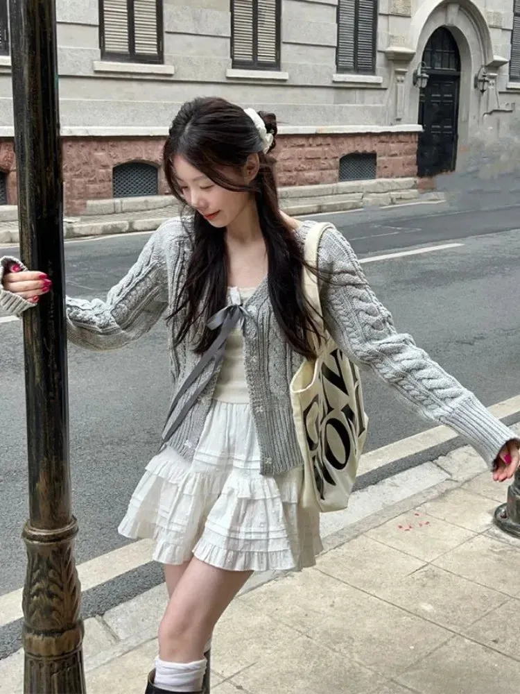 Wenkouban Autumn Korean Style Sweet Bow Grey Cardigans/Cute Tank Top/white tiered skirt 241031