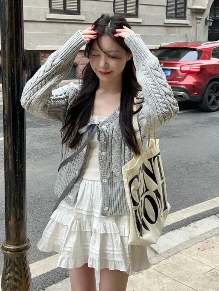 Wenkouban Autumn Korean Style Sweet Bow Grey Cardigans/Cute Tank Top/white tiered skirt 241031