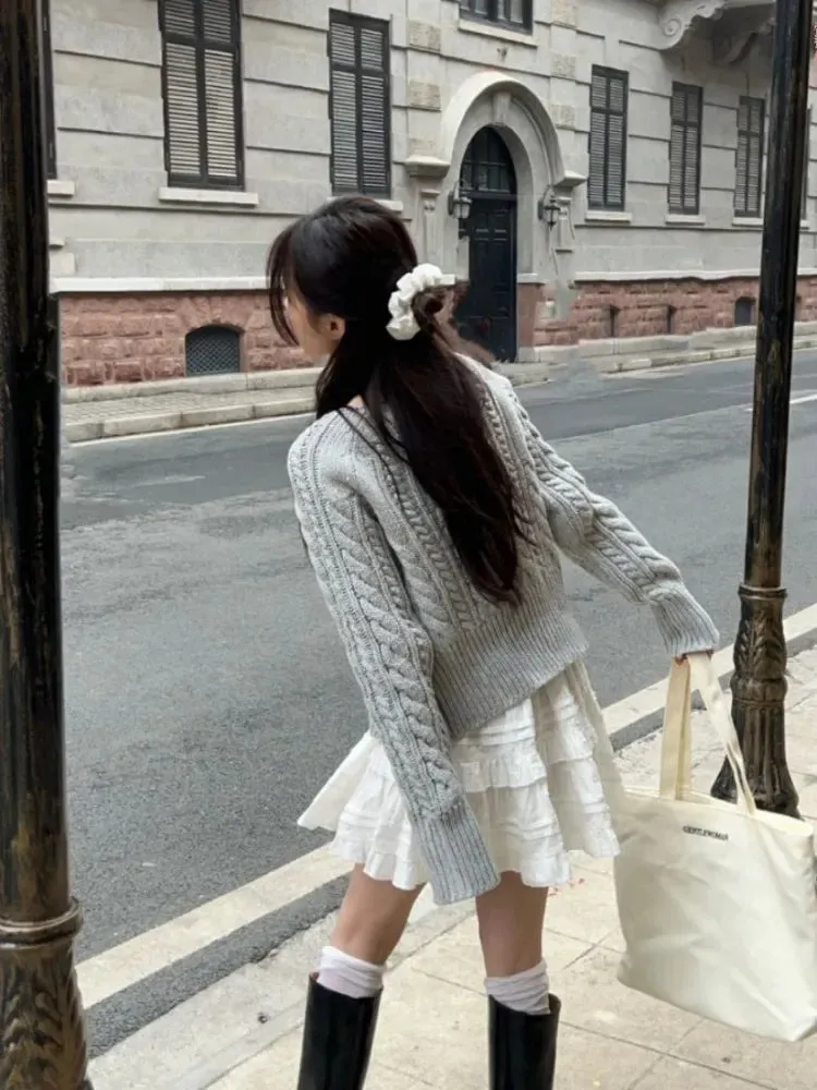 Wenkouban Autumn Korean Style Sweet Bow Grey Cardigans/Cute Tank Top/white tiered skirt 241031