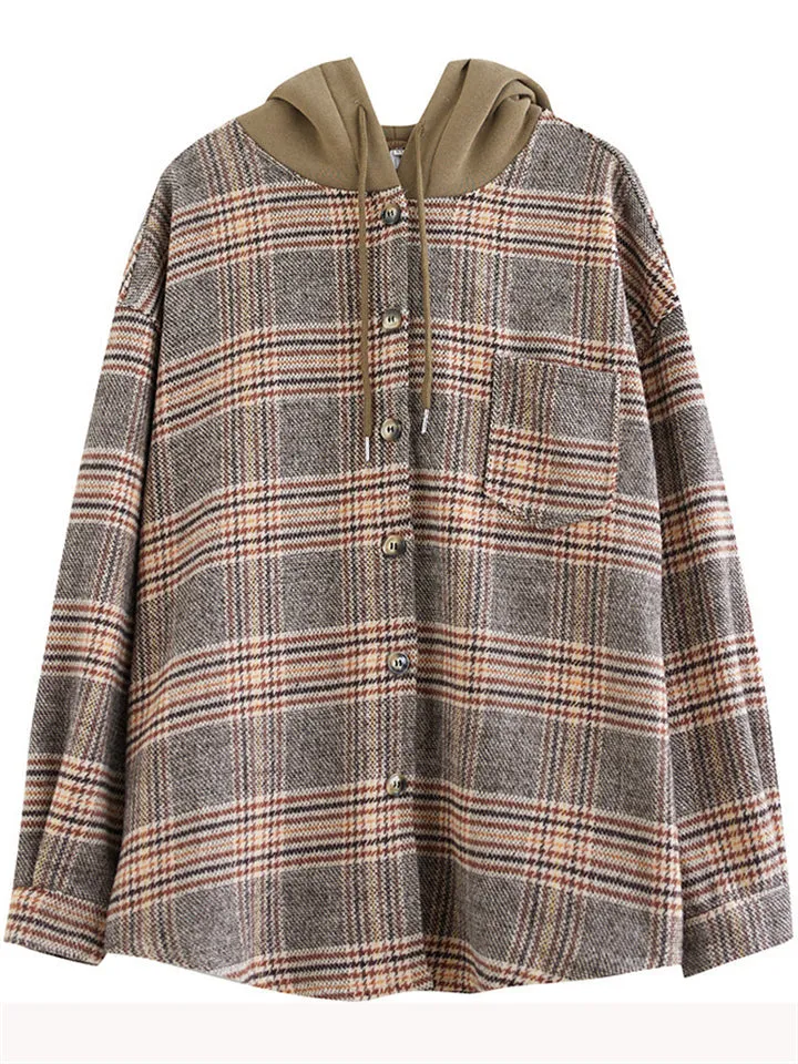 Women's Trendy Hooded Button Up Plaid Jacket