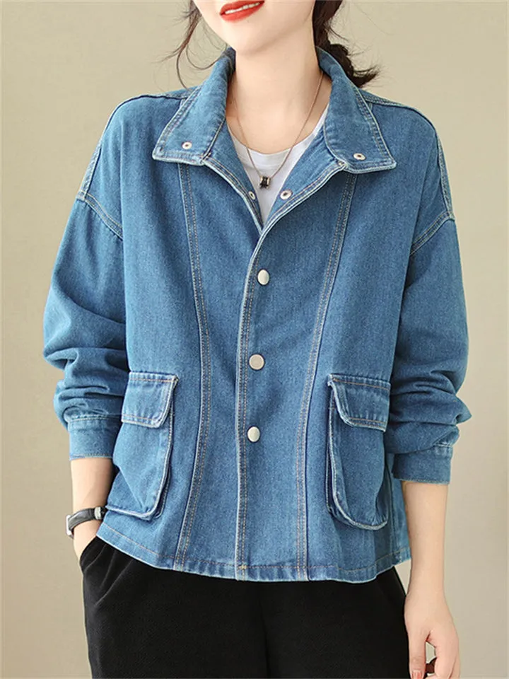 Women's Trendy Lapel Long Sleeve Patch Pocket Denim Jacket