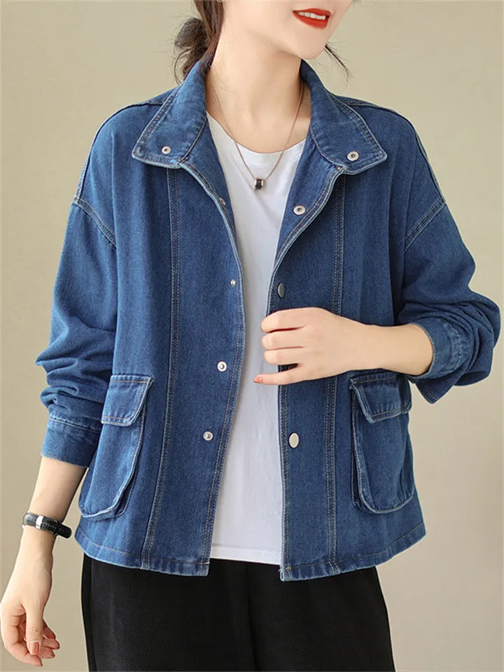 Women's Trendy Lapel Long Sleeve Patch Pocket Denim Jacket