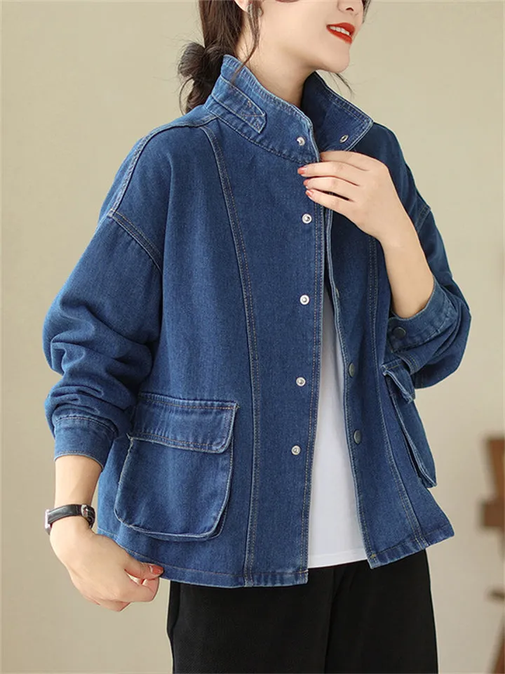 Women's Trendy Lapel Long Sleeve Patch Pocket Denim Jacket